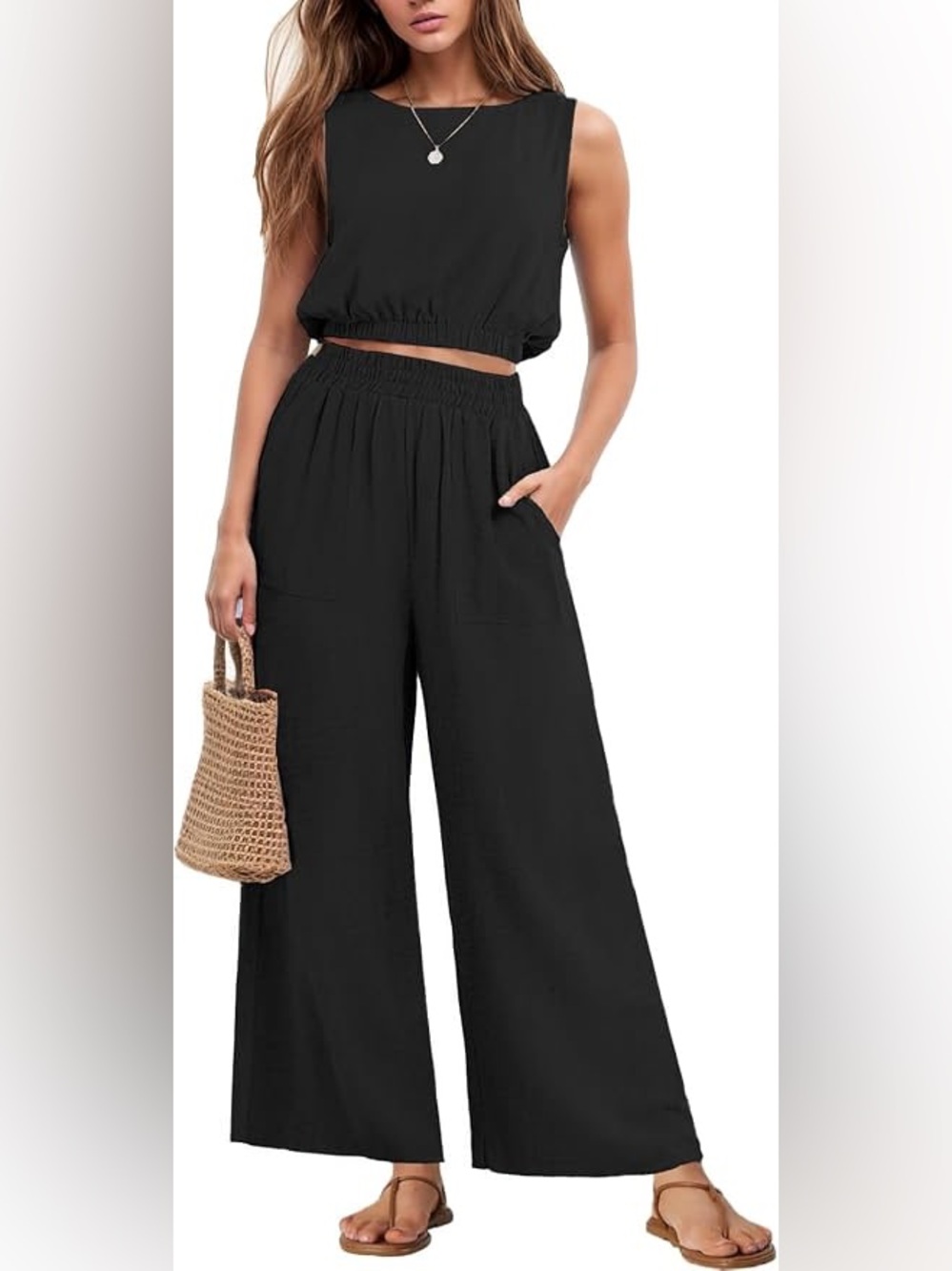 Two-Piece Set- Cropped Sleeveless Top and Wide Leg High-Waist Flowy Pants
